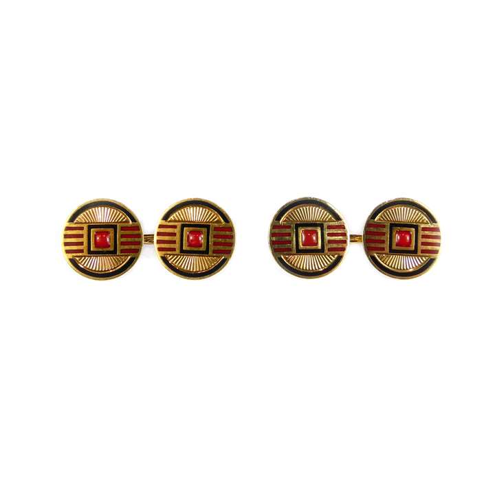 Pair of Art Deco red and black enamelled gold panel cufflinks